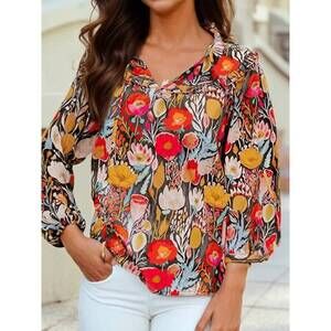 NEW 1 THE WOMAN floral 3/4 puff sleeve tied neck blouse in black multi